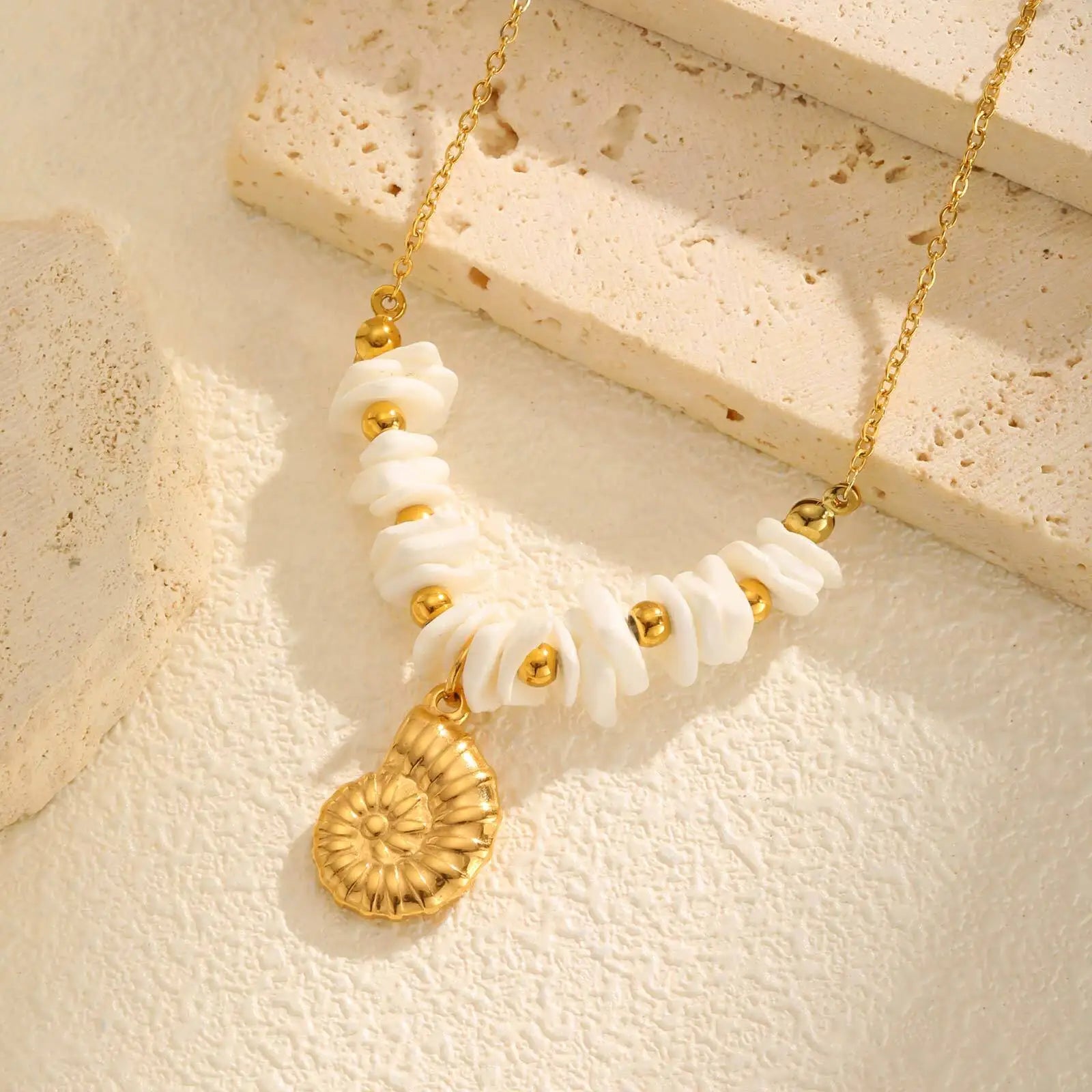 Vnox New Original Design Bell Conch Pendent Necklaces For Women,Stainless Steel White Square Bead Chain,Beach Waterproof Jewelry