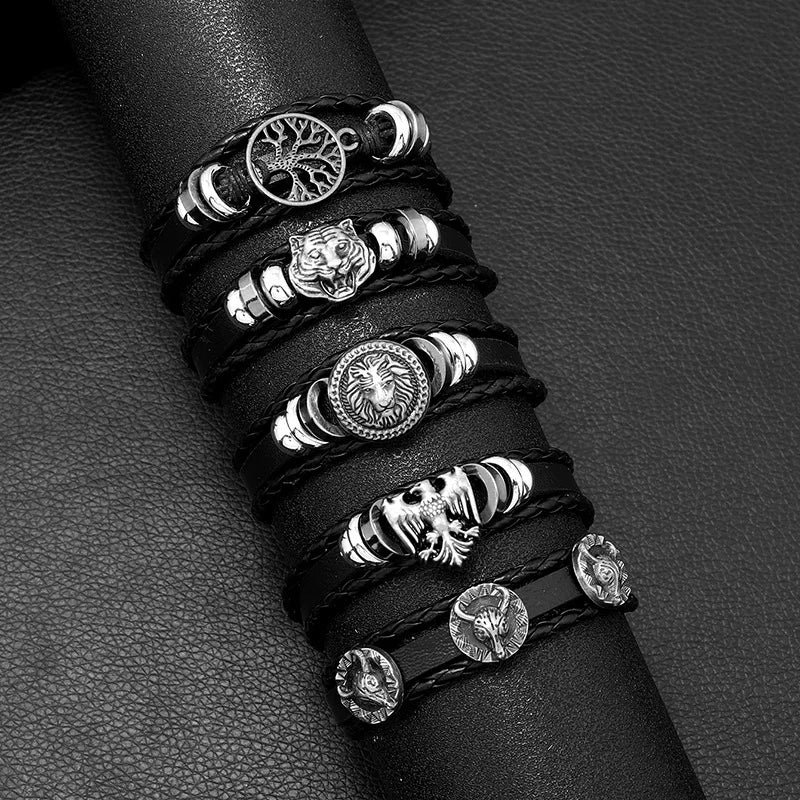 Fashion Black Skull Multi-layer Beaded Hand Leather Bracelet for Men Set Adjustable DIY Leather Winding Hand Rope