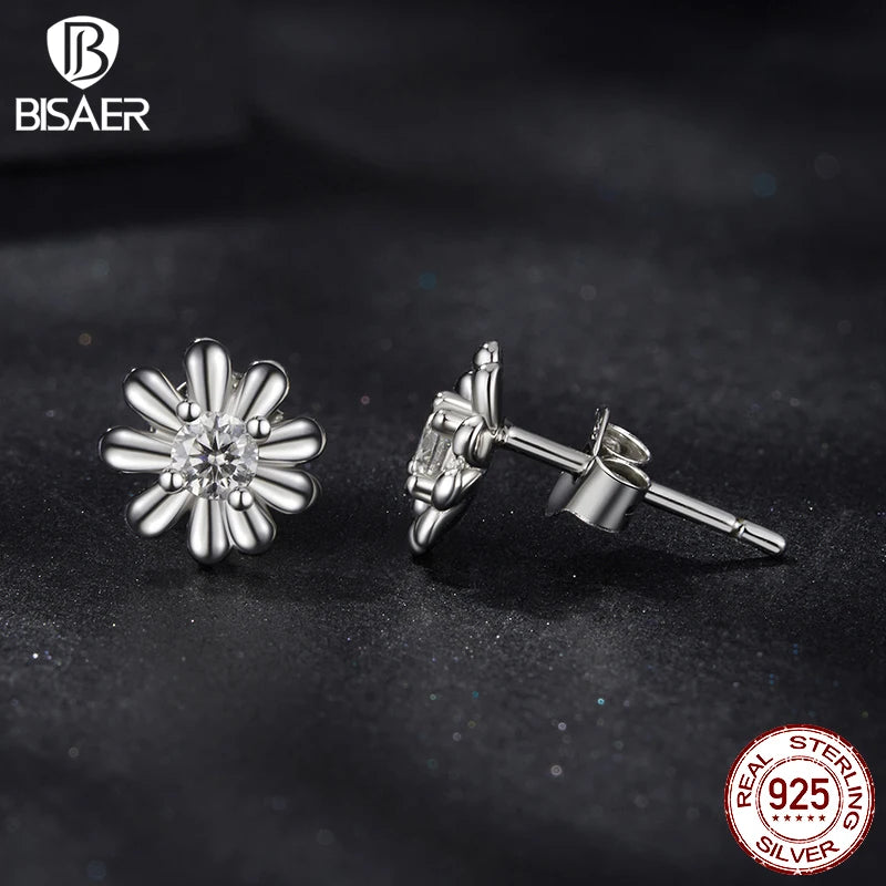 Boucles d'oreilles à tige en argent sterling 925 avec marguerite en moissanite BISAER, fleurs en fleurs, pour femmes, fiançailles, mariage, bijoux fins