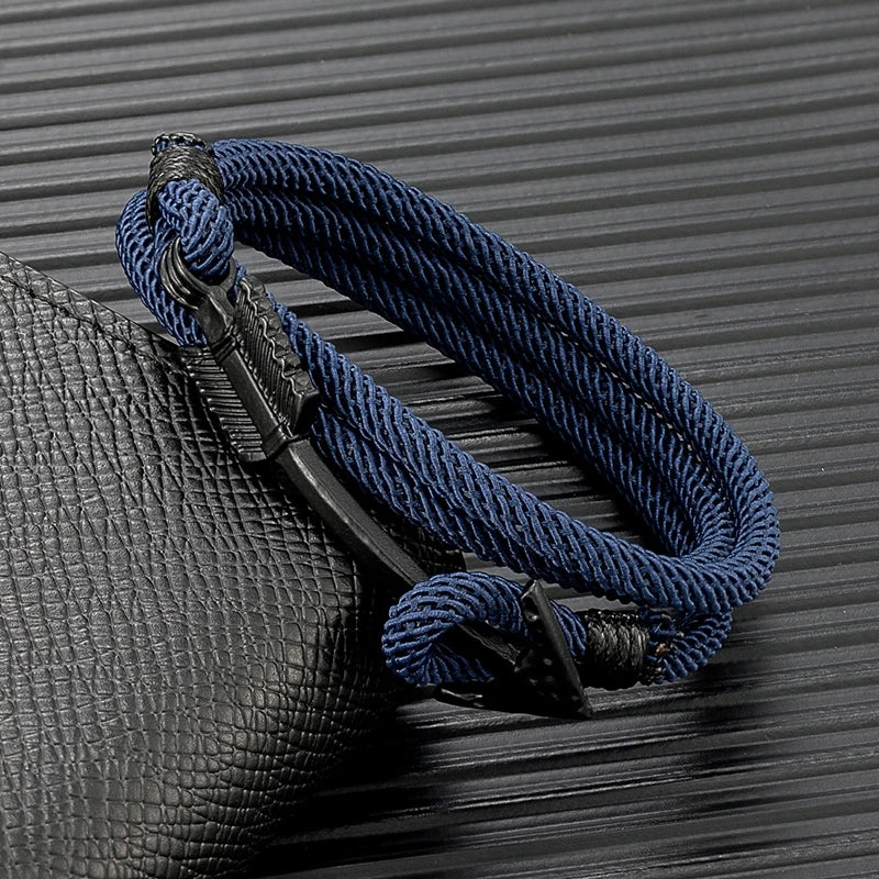 MKENDN Minimalist Multilayer Nautical Rope Bracelet Black Arrow Anchor Bracelets For Men Women lovers' Jewelry Wrap Metal Hooks