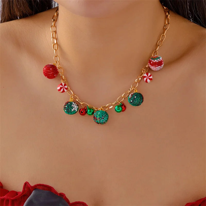 Fashion Christmas Metal Chain Necklace For Women Crystal Zircon Elk Santa Claus Snowman Bell Xmas Tree Pendant Choker Jewelry