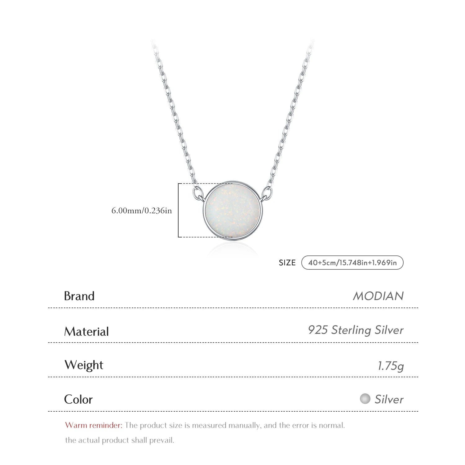 MODIAN 925 Sterling Silver Round Opal Link Chain Pendant Necklace Fashion Daily Stackable Necklaces For Women OL Fine Jewelry