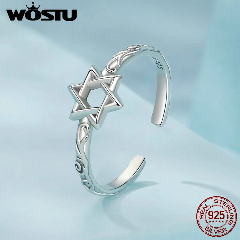 WOSTU Real 925 Sterling Silver Vintage Hexagram Rings Star Stud Earrings For Women Hollow Out Earring Adjustable Guardian Rings