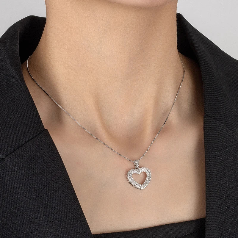 PERFANY Full Moissanite Heart Necklace for Women S925 Pure Silver Sparkling Double layered Heart Pendant Sweet Luxury Jewelry