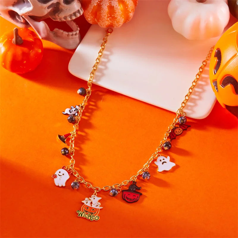 Gothic Punk Halloween Metal Chain Necklace For Women Men Vintage Black Spider Bat Pumpkin Ghost Clavicle Choker Festival Jewelry