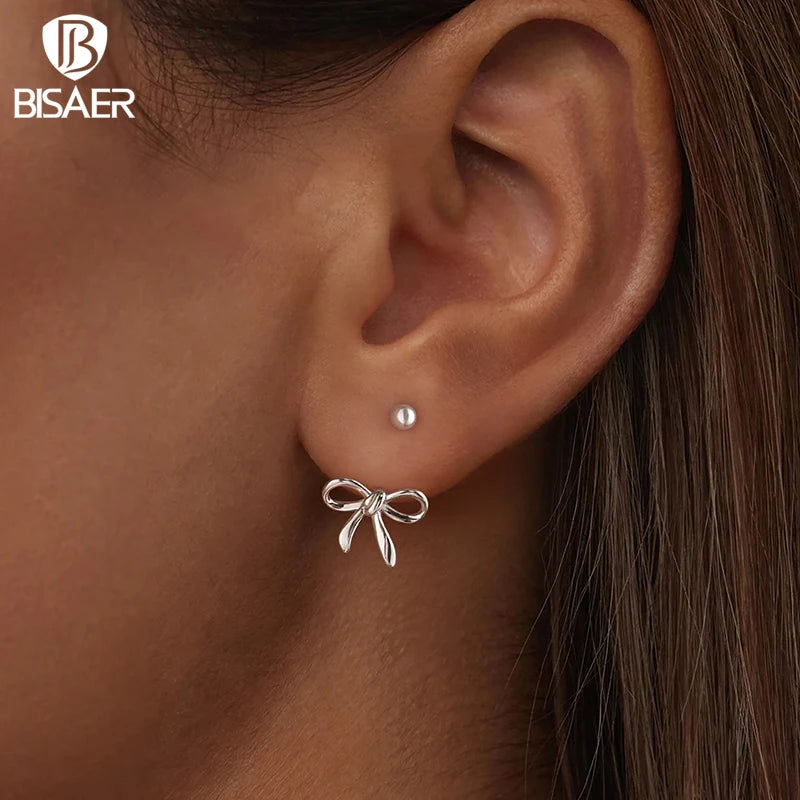 BISAER 925 Sterling Silver Bowknot Stud Earrings,Lightweight Hypoallergenic Plated White Gold for Women Party Fine Jewelry Gift