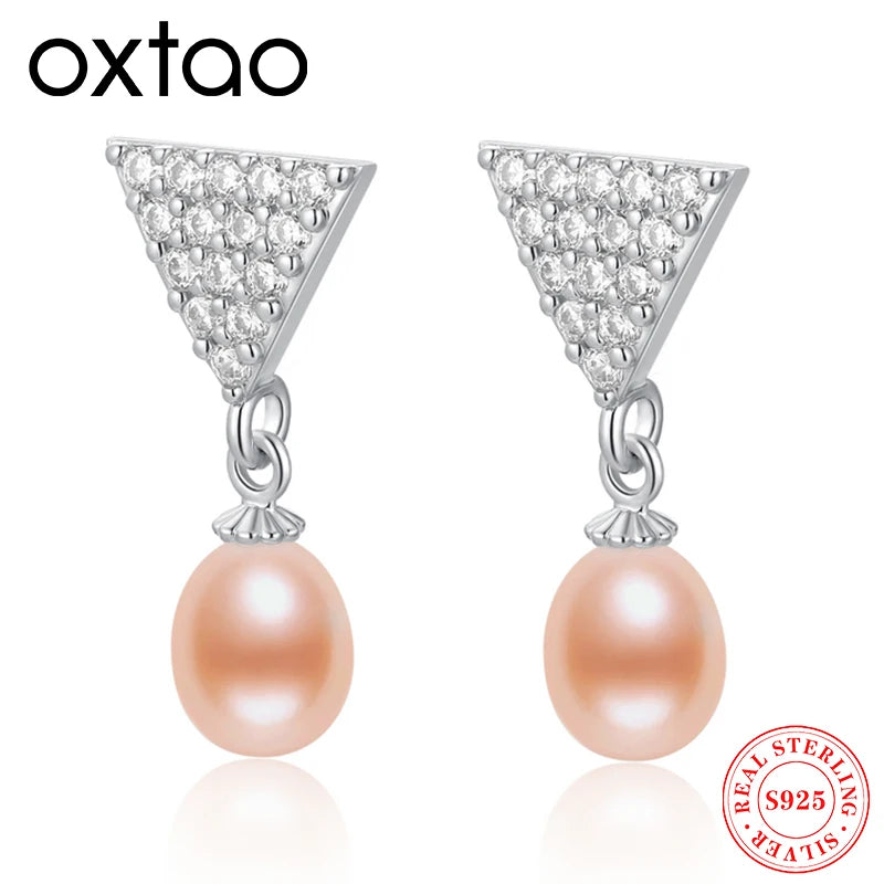OXTAO Freshwater Pearl Earring Upside Down Triangle Hanging Earrings For Women'S Stylish Jewelry Design Exquisite Shiny Gift
