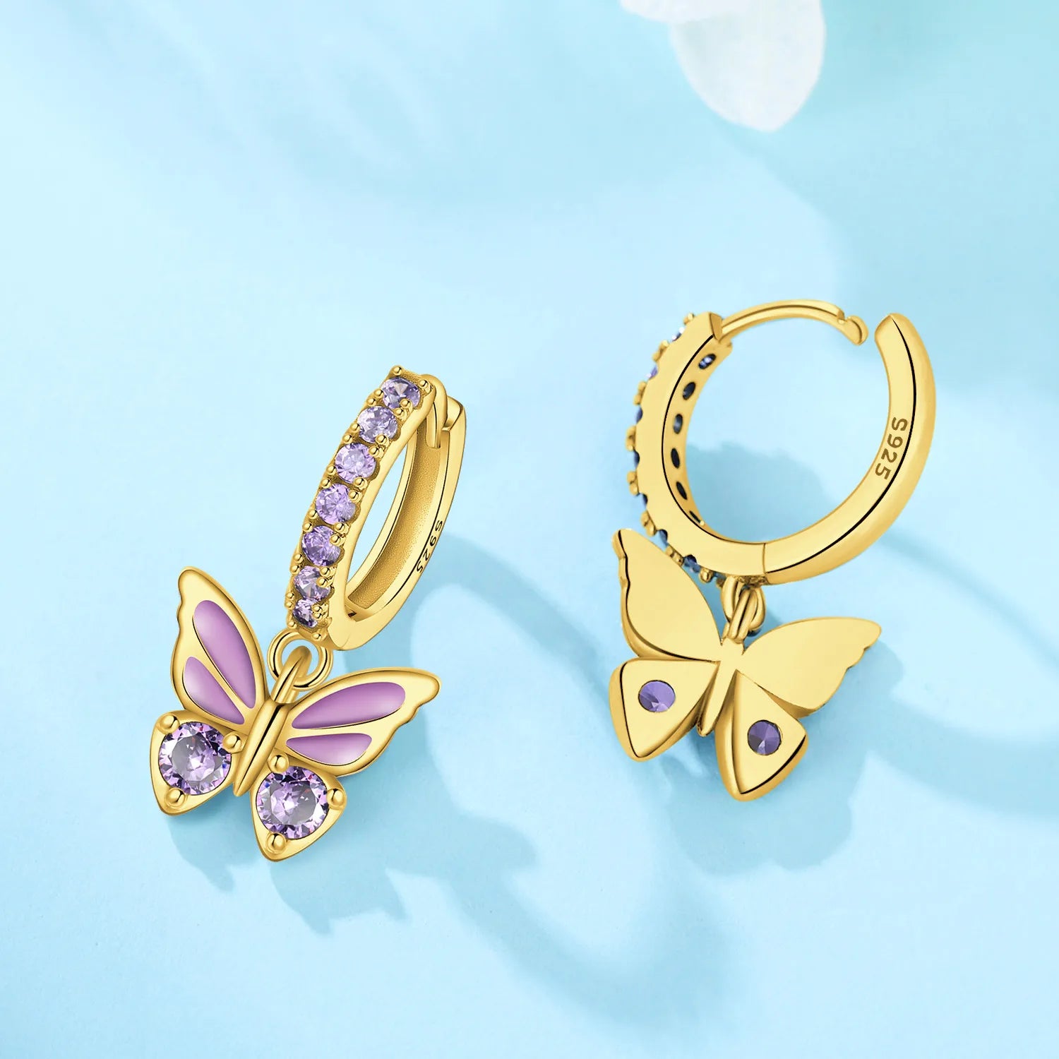 PANPOKI 925 Sterling Silver Purple Butterfly Insect Drop Earrings Women Earrings Charm Fashion Versatile Party Jewelry Gifts