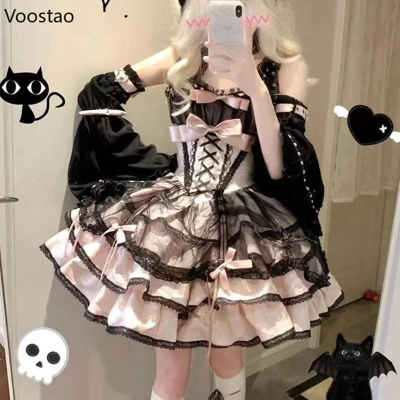 Japanese Sweet Cute Lolita Jsk Dress Women Gothic Y2k Bow Lace Ruffles Evening Party Mini Dresses Harajuku Kawaii Black Vestidos