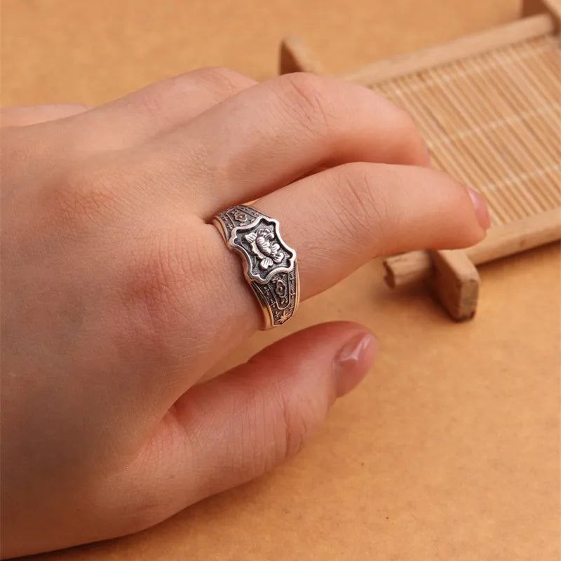 Buyee 925 Sterling Silber Original Design Ring Finger Geschnitzte Blume Offener Ring für Frauen Mann Mode Grau Feine Schmuck Kreis