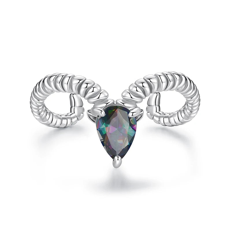 BAMOER 925 Sterling Silver Zodiac Sign Open Ring, Rainbow Oval Zircon 12 Constellation Ring for Women Girls Astrology Birthday