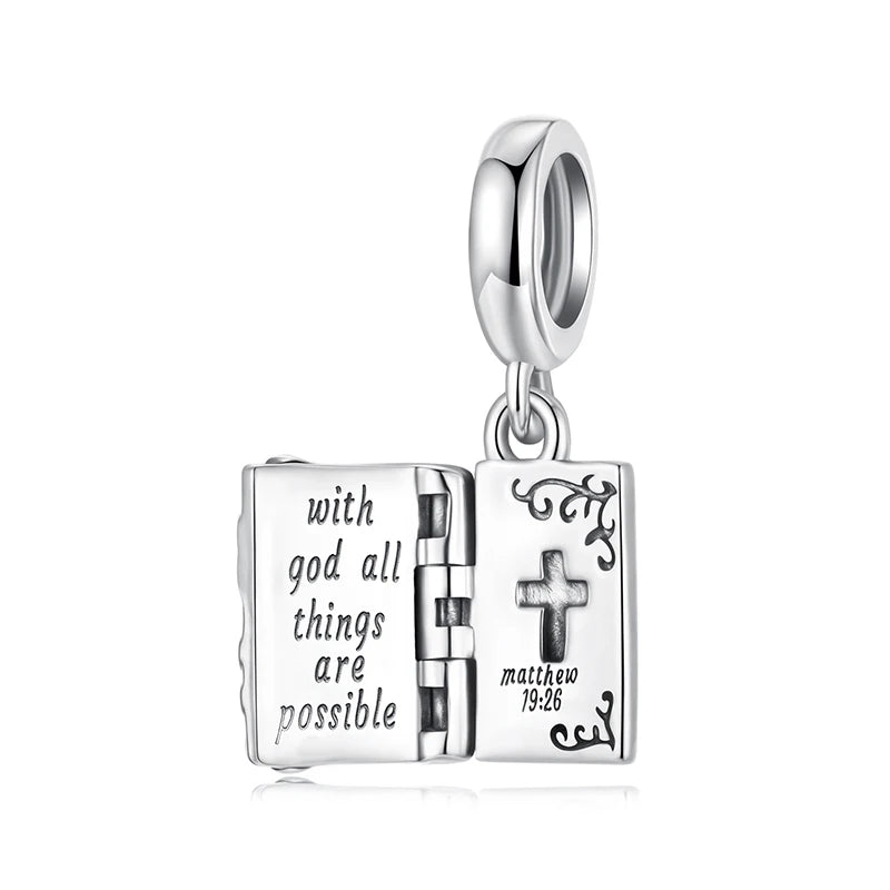 WOSTU 925 Sterling Silver Religious Openable Bible Book Charm Cross Faith Pendant Celtic Knot bead Fir Bracelet DIY Family Gift