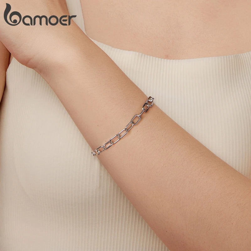 Bamoer Armband aus echtem 925er Sterlingsilber, verstellbar, in Form einer Büroklammer, 0,5 cm, ideal für Damen, Anhänger, Perlen und DIY-Projekte