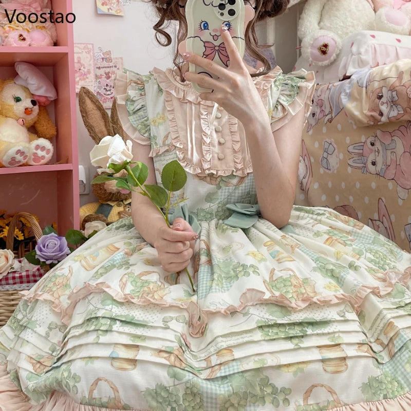 Japanese Sweet Lolita Dress Women Victorian Pastoral Style Princess Dress Ruffles Green Grape Print Bow Trailing Party Dresses