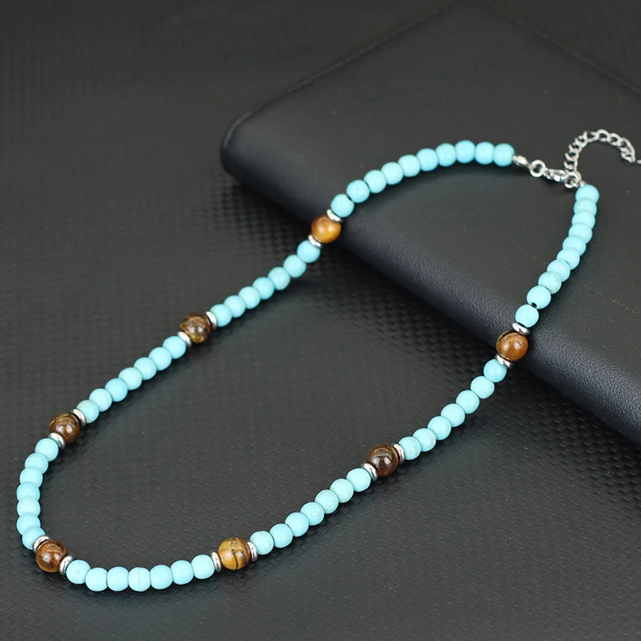 Stylish Natural Stone Necklace For Men Lava Tiger Eyes Howlite Hematite Healing Neck Accessories Hombre Stainless Steel Buckle