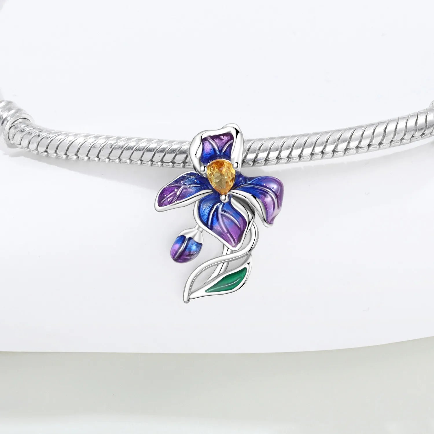 PANPOKI 925 Sterling Silver Blue Purple Iris Flower Beads Original Pendants Bracelet Charm Jewelry Party DIY Trendy Gifts