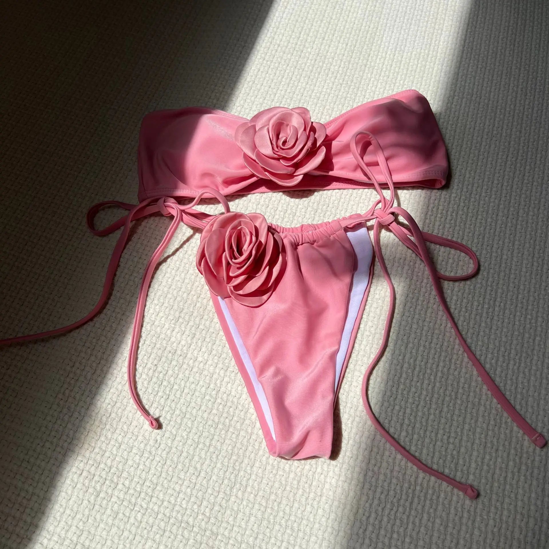 2025 New Solid Rose Bra with Drawstring Strap Split Swimsuit Bikini 9150