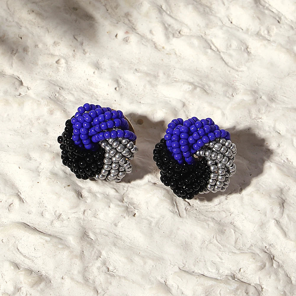 AENSOA Candy Color Seed Beaded Knot Stud Earrings for Women Girls Tricolor Handmade Braided Round Earrings Summer Beach Jewelry