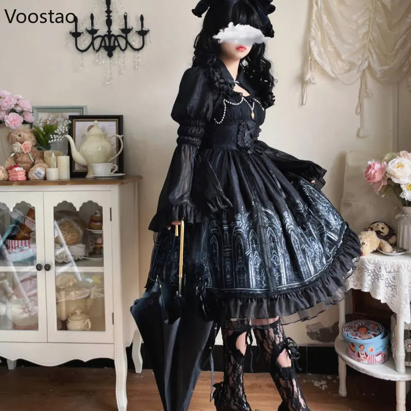 Japanese Gothic Lolita Dress Women Victorian Dark Print Long Sleeve Mesh Shawl Dress Girls Harajuku Y2K Punk Tea Party Dresses