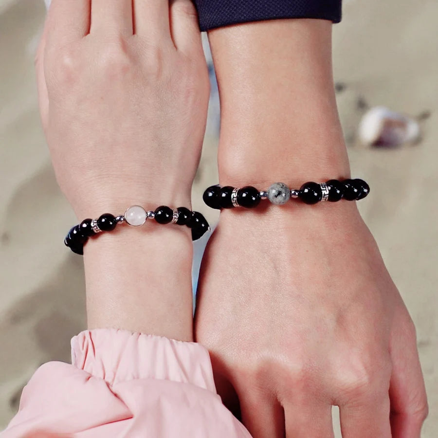 Romantic 2Pcs/Pair Couple Bracelet 8mm 10mm Beads Strand Braslet Valentine Day Gift Obsidian Blue Sandstone Matching Braclet