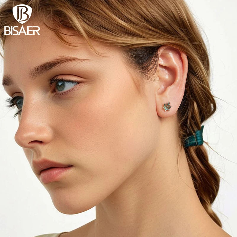 BISAER 925 Sterling Silver Turtle Stud Earrings Green Glass Stud Ear for Women & Girls Party Fine Jewelry Holiday Gift ECE1879