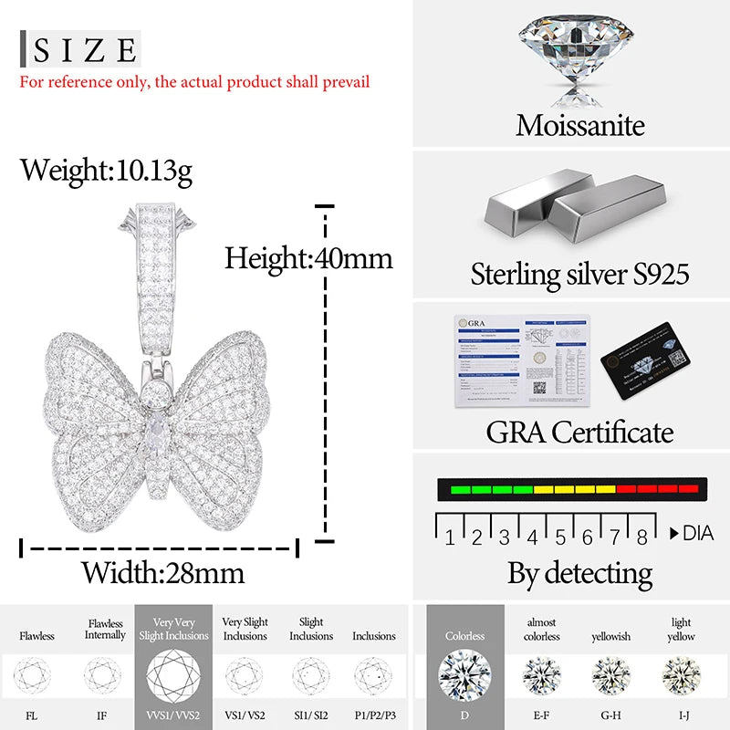 Original Women Luxury Full Iced Out Moissanite Butterfly Pendants Fashion Silver 925 Charms Jewelry Man Necklace Chain Wholesale