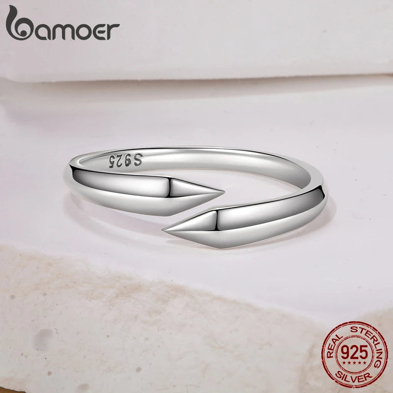 Bamoer 925 Sterling Silver Geometric Line Structural Open Ring Adjusable Arrow Ring for Personalized Women Minimalist Gift