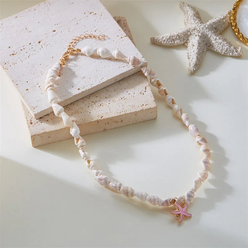 Vintage Bohemian Starfish Pendant Necklaces For Women Sea Shell Beaded Choker Neck Chain Girl Beach Party Banquet Jewelry Gifts