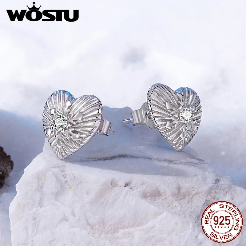 WOSTU 925 Sterling Silver Snowflake Heart Stud Earrings For Women, Winter Jewelry AAA Zircon Ear Studs Xmas New Year Gift