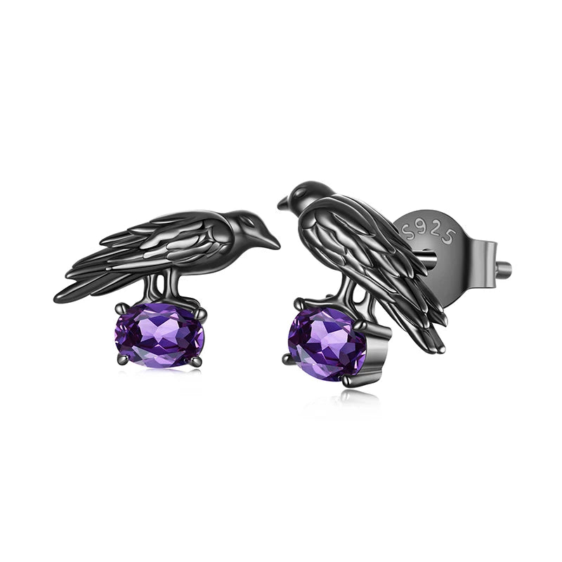 BAMOER 925 Sterling Silver Black Enamel Ghost Stud Earrings for Halloween Gift, Punk Style Purple Zircons Crow Piercing Earrings