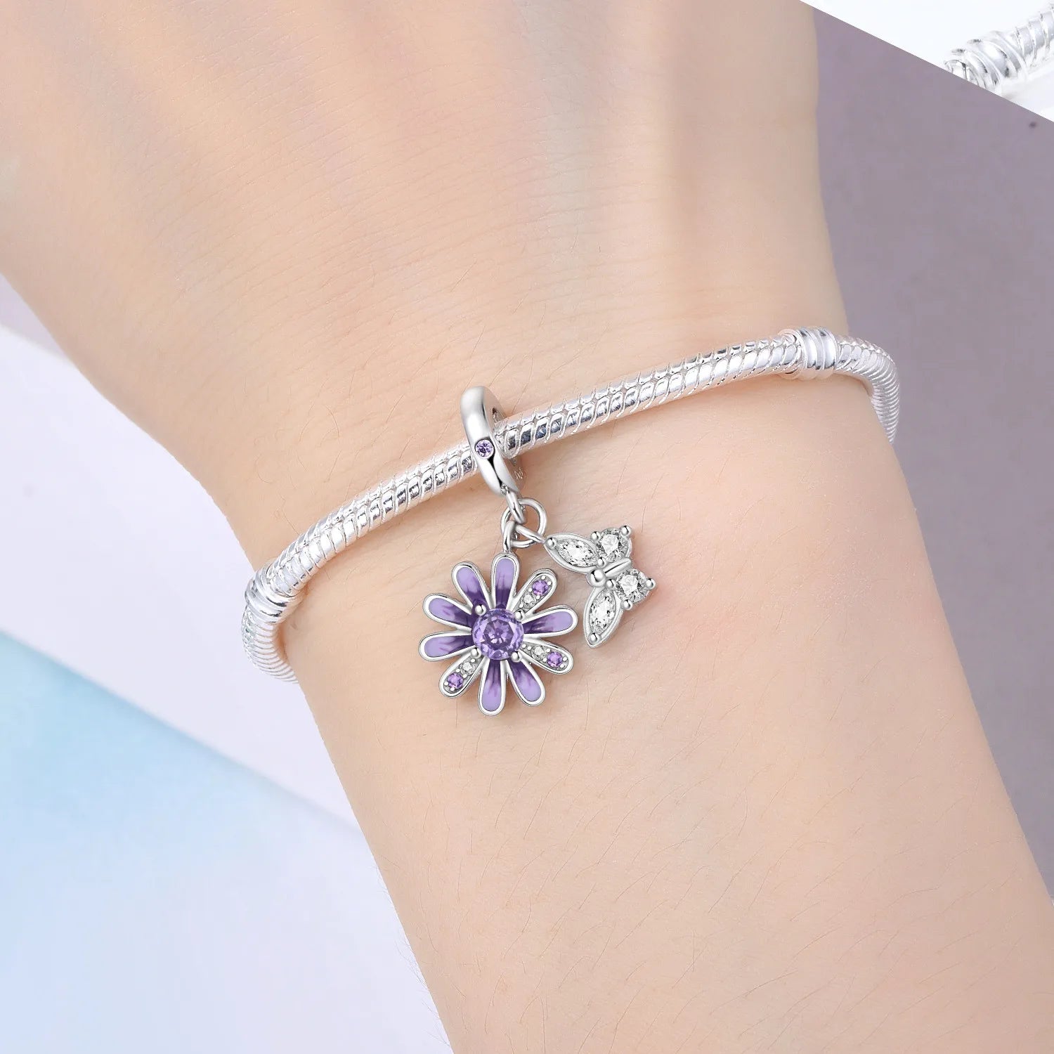 PANPOKI 925 Sterling Silver Purple Daisy Butterfly Beads Original Pendants Bracelet Charm Jewelry Party DIY Trendy Gifts