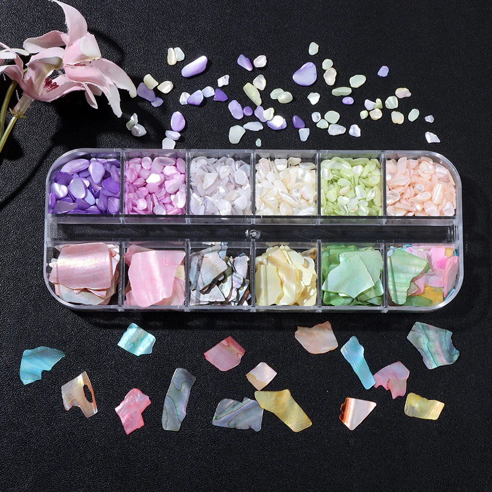 Unregelmäßige Abalone-Fragmente, Splitter, Kiesel, Muschelglitzerflocken für Nagelkunstdekoration, DIY-Charm-Maniküre-Accessoires