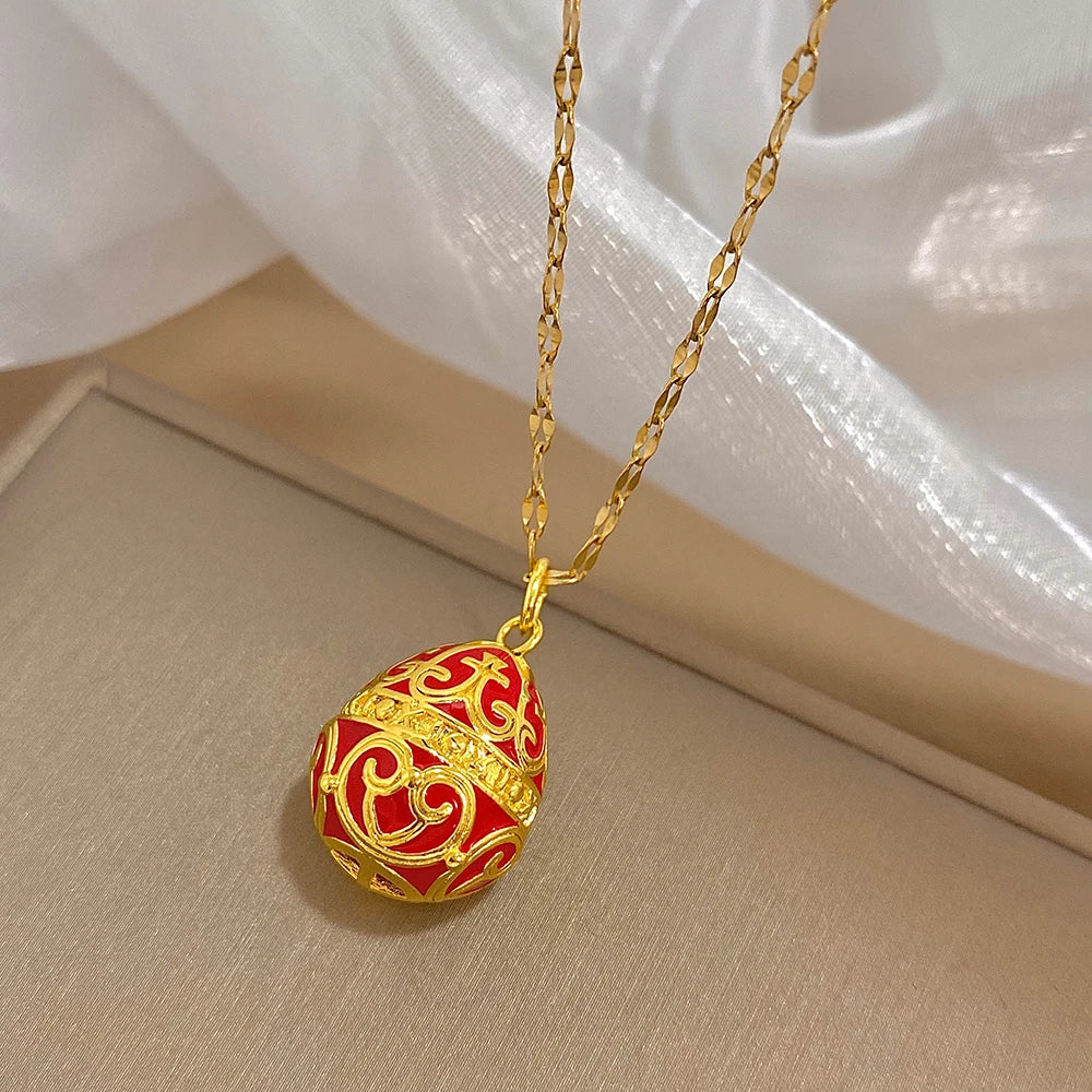 AENSOA Colorful Enamel Easter Egg Pendant Necklaces for Women Guilloche Locket Egg Rhinestone Charm Necklace Gold Color Jewelry