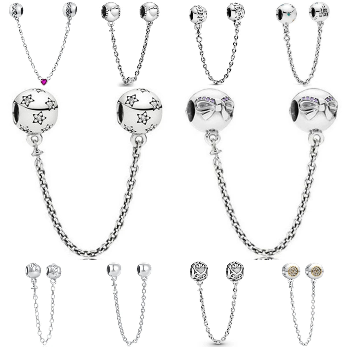 Silver 925 Sparkling Clear Sparkle Bow Stars Safety Chain Charm Bead Fit Original Pendant DIY Jewelry For Women