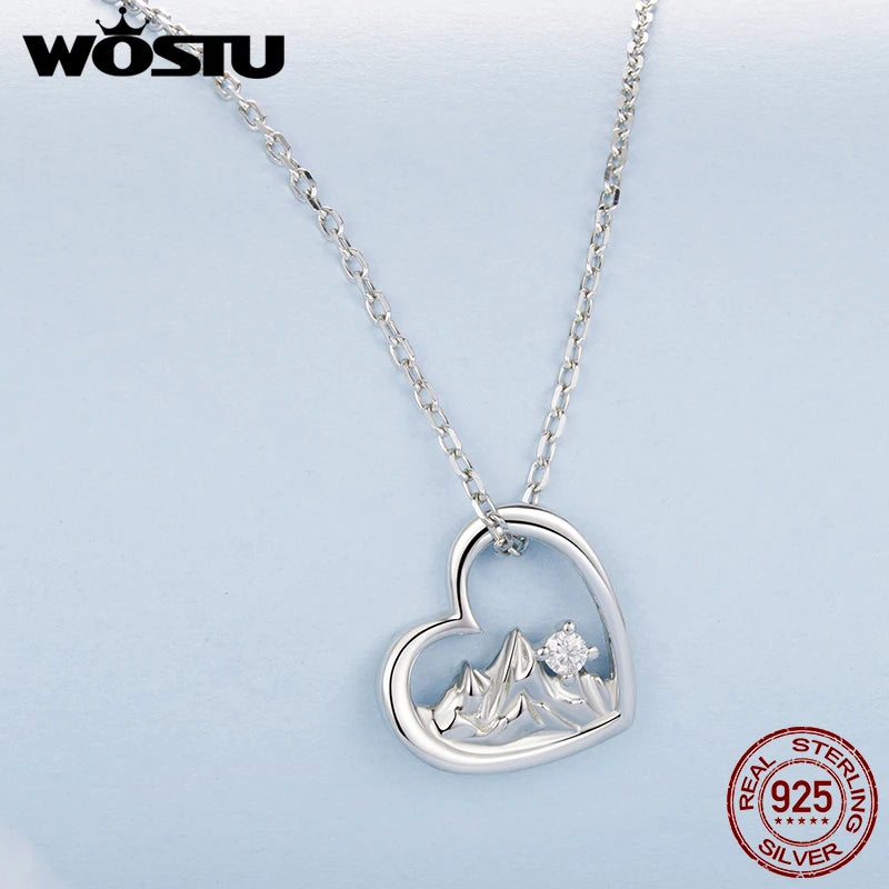 WOSTU Minimalist Mountain Heart Necklace S925 Sterling Silver, Geometric Love Pendant Romantic Jewelry Gift for Girlfriend New