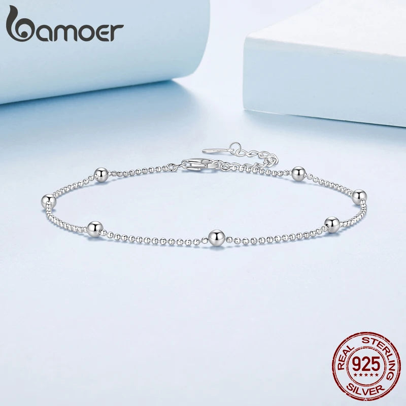 Bamoer 925 Sterling Silver Beads Anklet Minimalist Solid Summer Body Jewelry for Women Teens Fashion Beach Party Gift