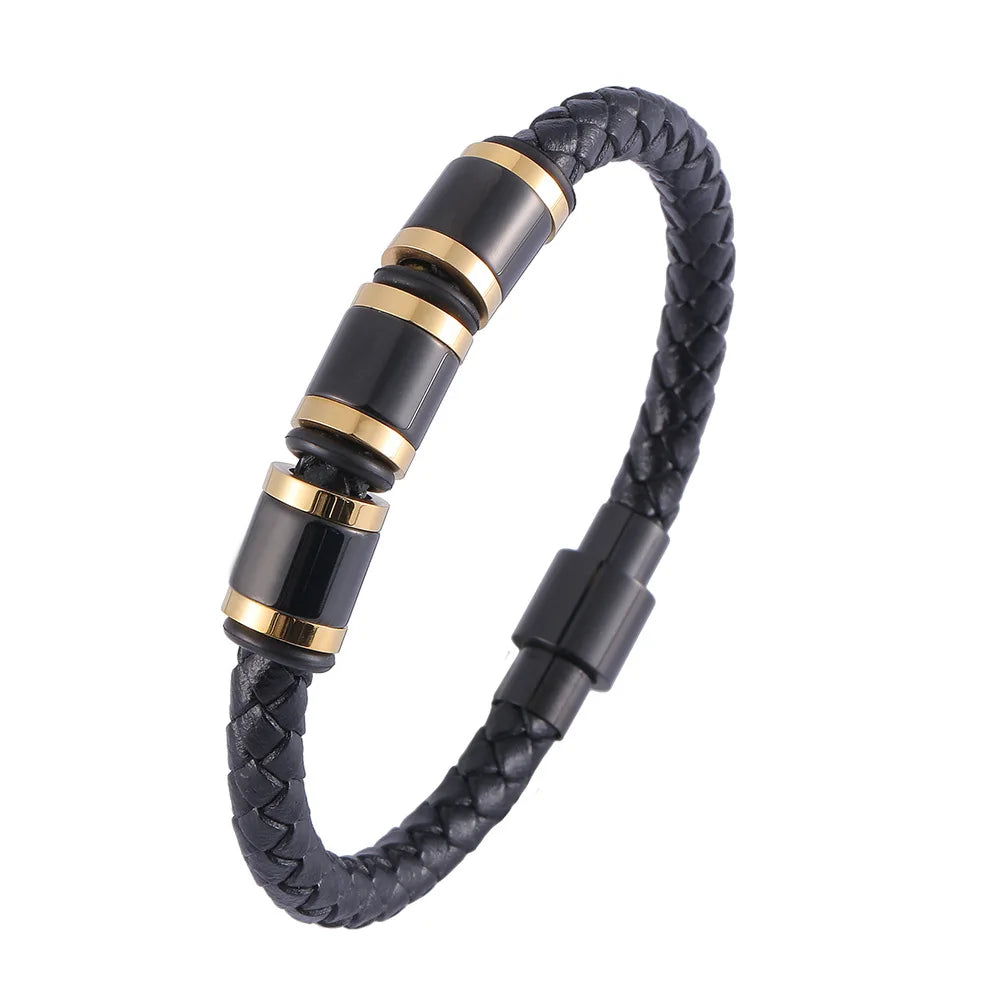 MKENDN Punk Beads Charm Men Bracelet Stainless Steel Magnetic Clasp Braided Leather Wrapping Bangles Man Jewelry Gift