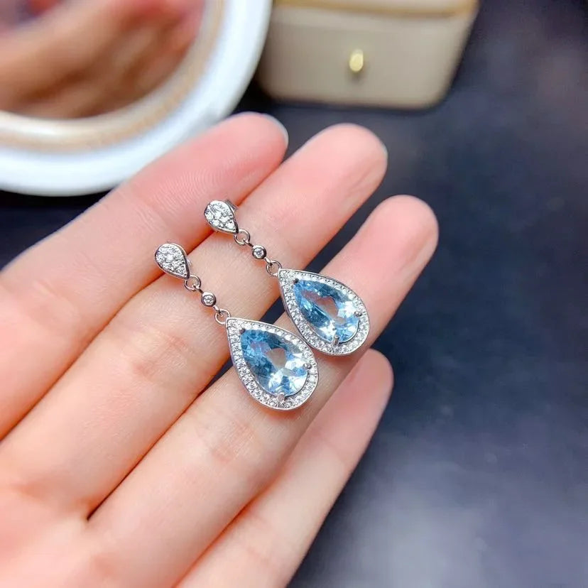 Natural Topaz Hoop Earrings Female Bule Stone Sterling Silver 925 Earrings for Women Big Topaz Earrings Valentiner's Day Gift