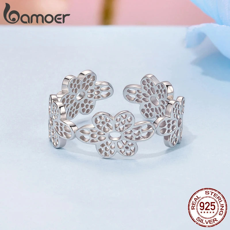 BAMOER 925 Sterling Silber Spitzenblumenring, verstellbar, zierlich, offener Daumenring für Damen, SBSR660-E