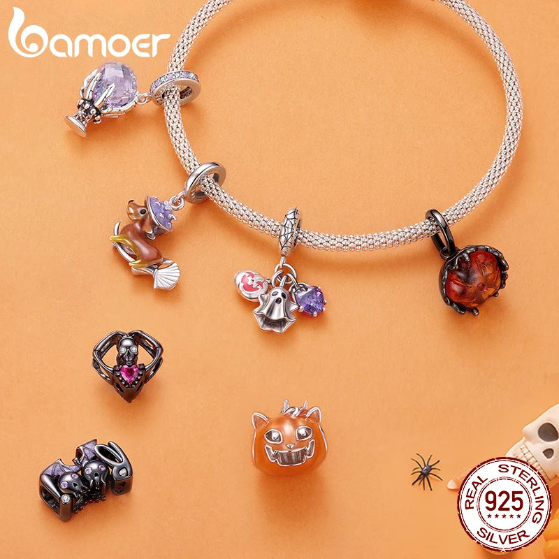 Bamoer 925 Sterling Silver Halloween Pumpkin Charm Magic Crystal Pendant Enamel Luminous Bead for Women DIY Bracelet Accessories