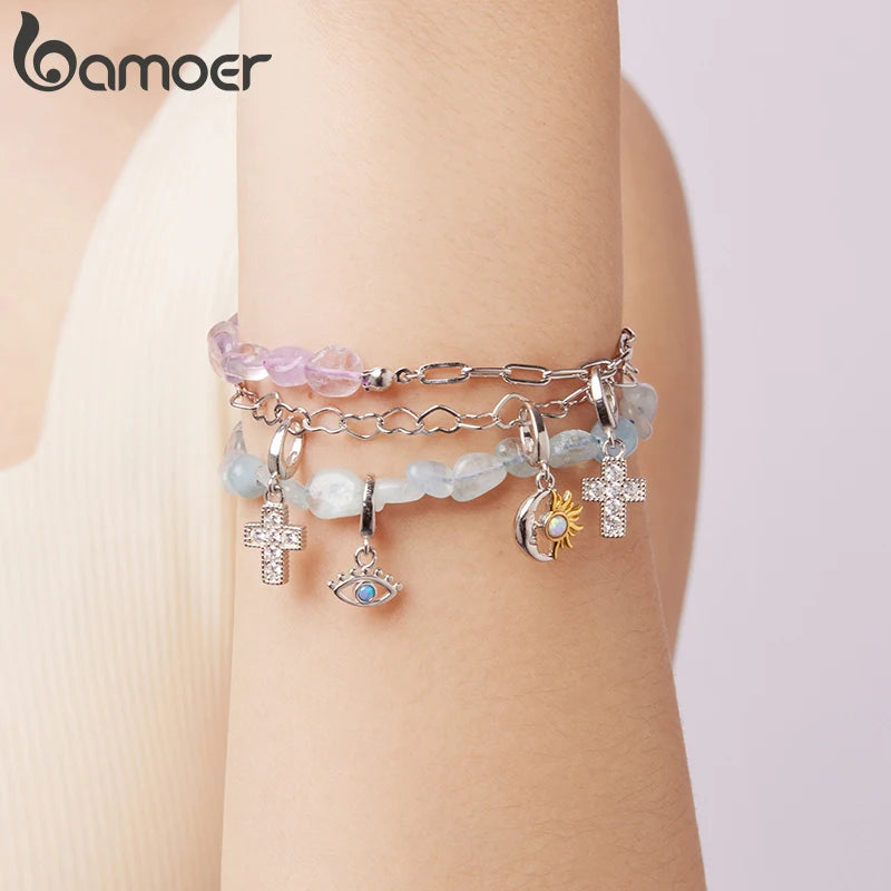 BAMOER 925 Sterling Silver Purple Crystal Bracelet Adjustable Bead & Chain Dual-Tone Wrist Chain for Women Teens Dainty Gift