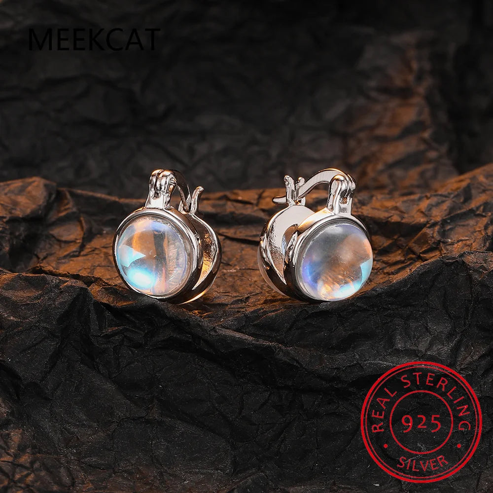 925 Sterling Silver Round Moonstone Ear Buckles Double Layer Circle Hoop Earring Aretes for Women Fine Jewelry Birthday Gift