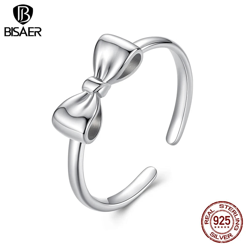 BISAER 925 Sterling Silver Bow-knot Open Ring Adjustable  Bow-knot Band Plated White Gold for Women Party Original Fine Jewelry