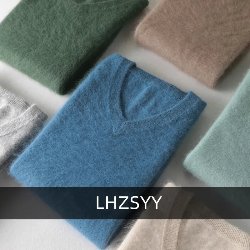 LHZSYY Men's 100% Mink Cashmere Large Size Sweaters Autumn Winter Solid V-neck Casual Knit Pullovers Men Long Sleeve Warm Jumper - Madeinsea©