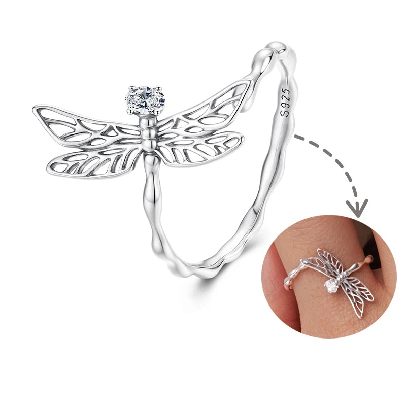 WOSTU 925 Sterling Sliver Dragonfly Open Ring For Women , Hollow Out Shiny CZ Insect Animal Adjustable Rings Daily Party Gift