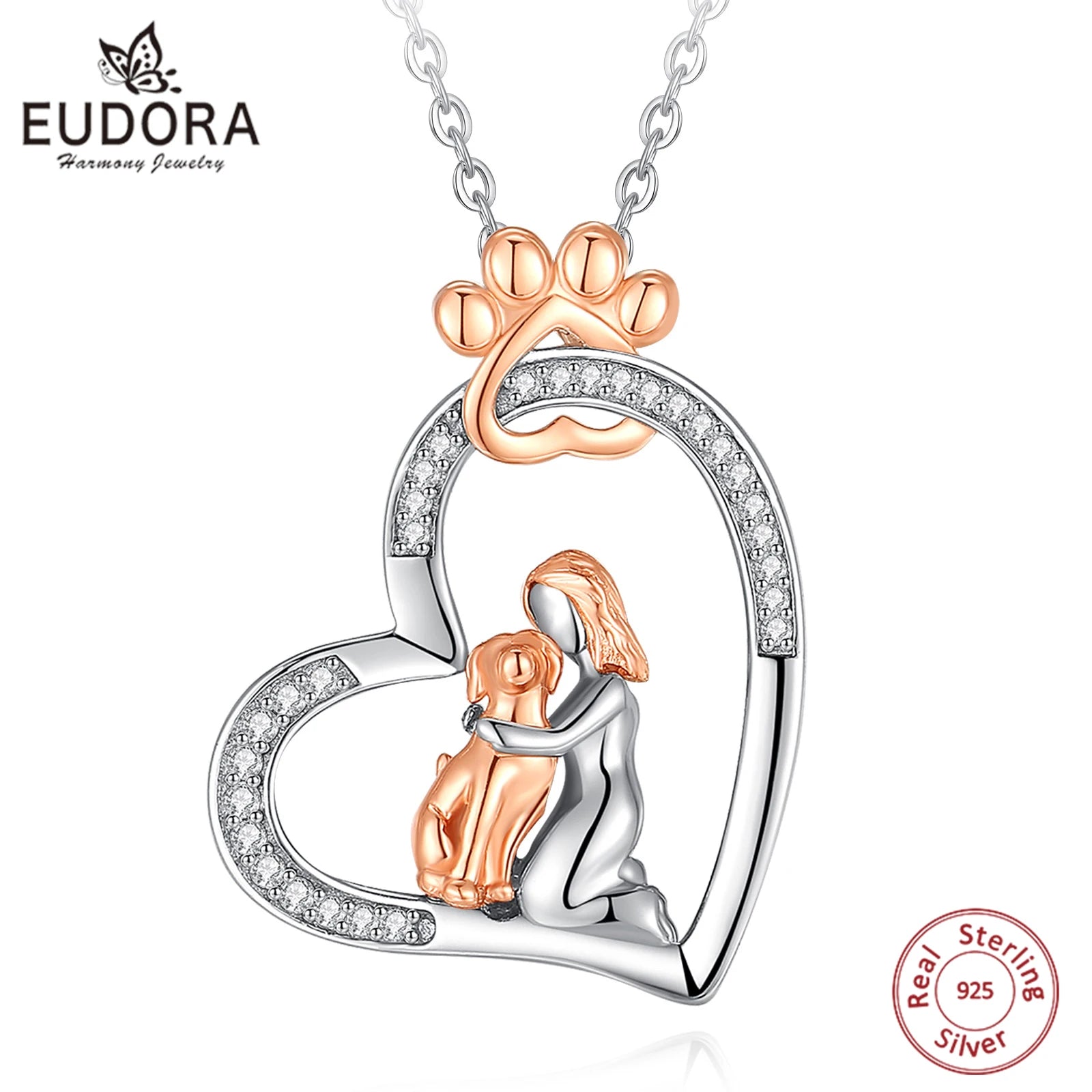 Eudora Original 925 Sterling Silver Women And Dog Necklace Temperament Heart Zircon Rose Gold Dog Footprint Pendant Jewelry Gift