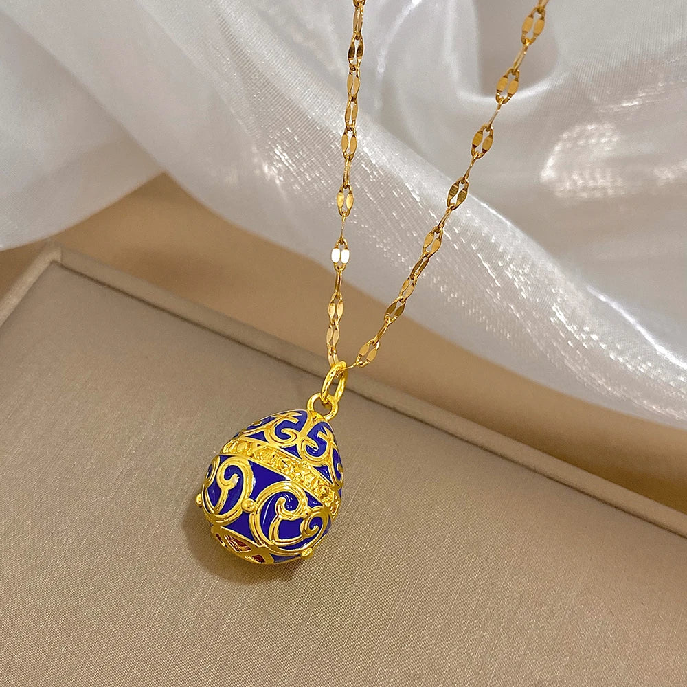 AENSOA Colorful Enamel Easter Egg Pendant Necklaces for Women Guilloche Locket Egg Rhinestone Charm Necklace Gold Color Jewelry