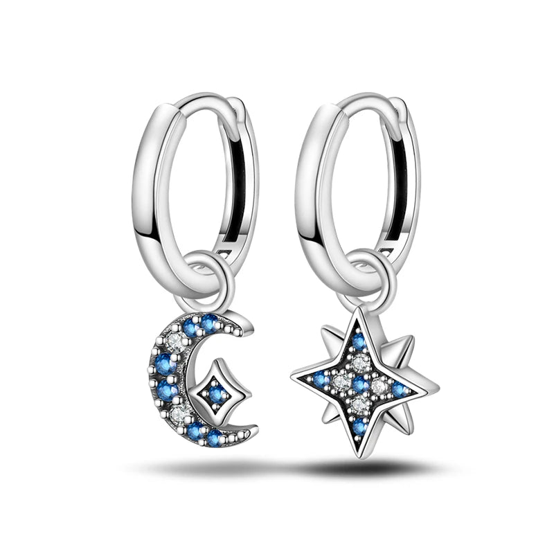 Classic Earrings 925 Silver Zircon Shiny Stars Moon Warm Sun Double Hoop Earrings For Women Original Birthday Party Jewelry Gift
