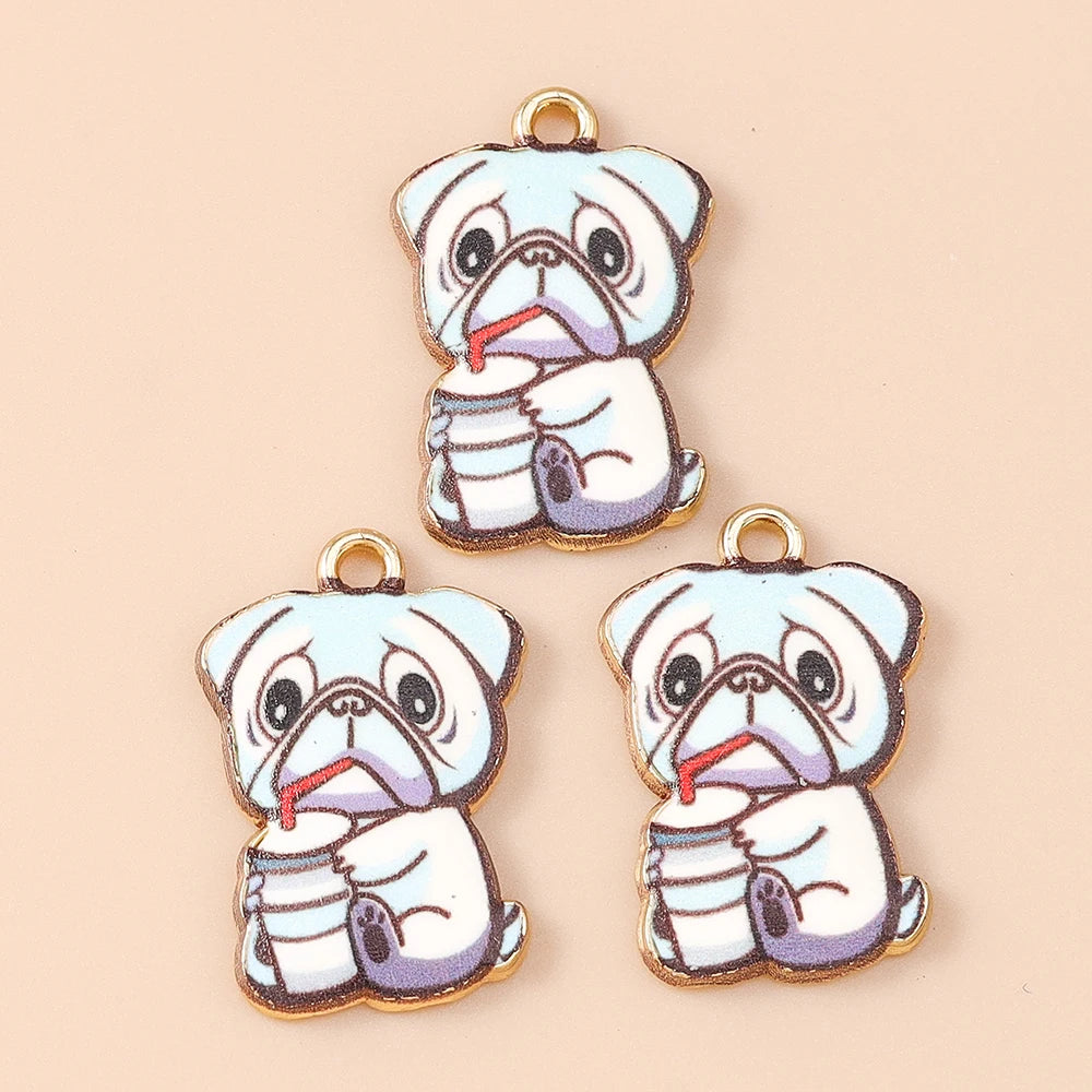 Leslie 10pcs New Cartoon Animal Dog Charms Enamel Metal Book Drinking Dog Pendants For Women DIY Necklace Earrings Jewelry Gifts