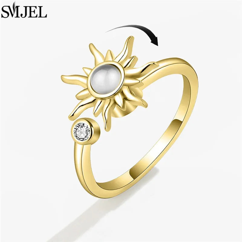 Korean Fashion Anxiety Fidget Spinner Rings for Women Crystal Rose Sunflower Butterfly Rotating Mood Ring Girls Wedding Jewelry
